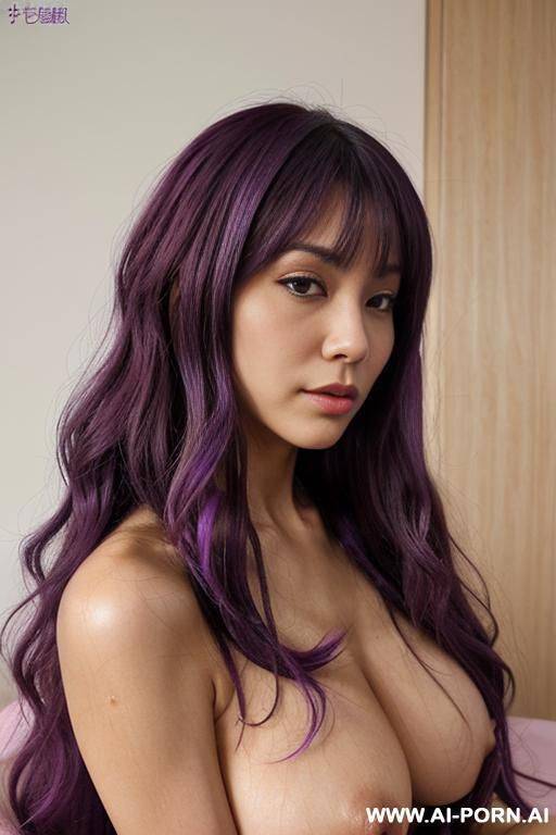 lively effect, lovingly craving japanese cougar, flowing wavy purple hair, closeup in luxurious clothes, she is seductively tanned, loud orgasm, inspired by real-life sei-ra sodes-hiro, - #main