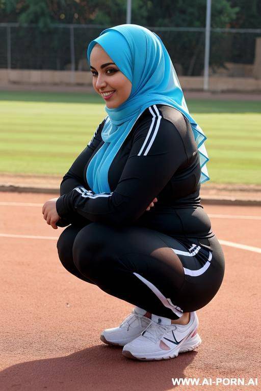 smiling curvy egyptian chubby wife wearing hijab and sport uniform - #main