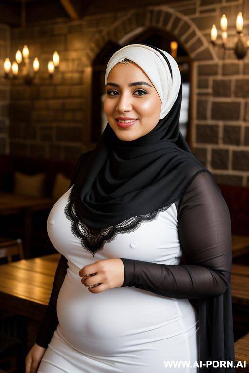smiling curvy egyptian chubby wife wearing hijab standing black - #main