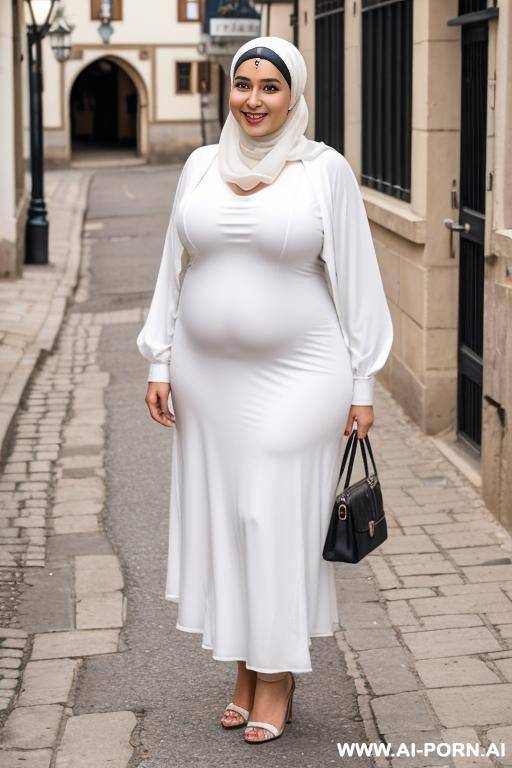 smiling curvy egyptian chubby wife wearing hijab standing in street - #main