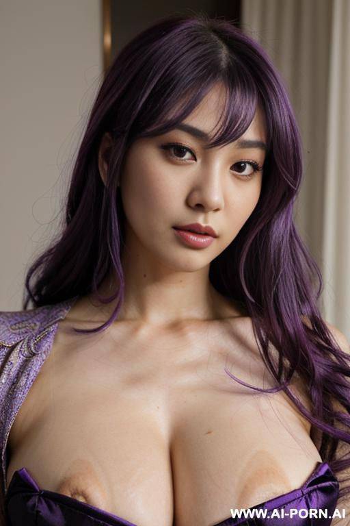 realistic, direct effect, lovingly picaresque japanese model, flowing wavy purple hair, closeup in luxurious clothes, she is ready to be kissed, inspired by real-life sei-ra sodes-hiro, - #main