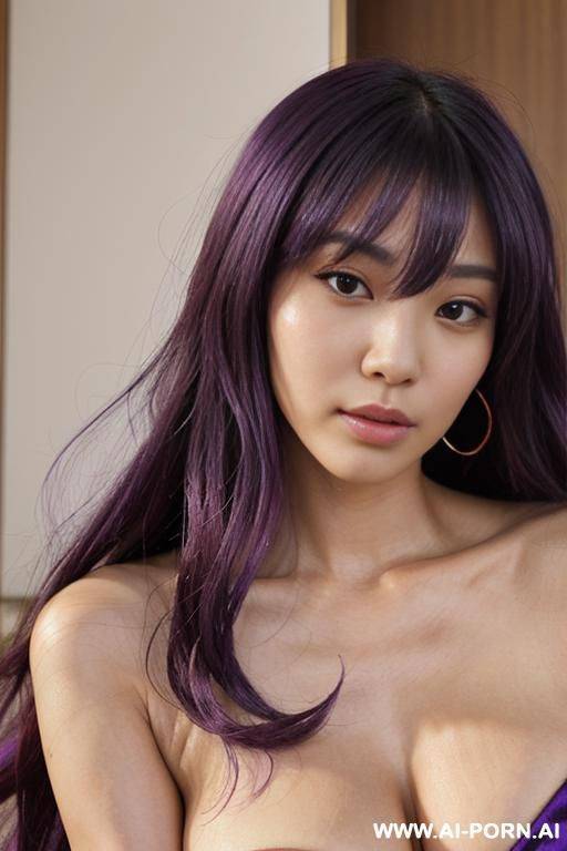 realistic, direct effect, lovingly picaresque japanese model, flowing wavy purple hair, closeup in luxurious clothes, she is tanned, inspired by real-life sei-ra sodes-hiro, - #main