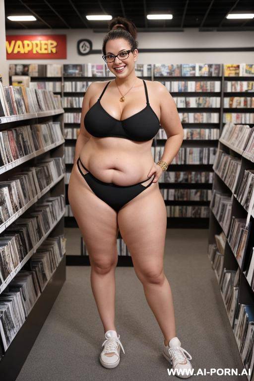 complete feet-to-head front view of nude nerd woman wearing (sneakers) and neck cuff in comic bookstore. chubby with big boobs. brunette ponytail. fair skin with s. glasses. smiling. - #main