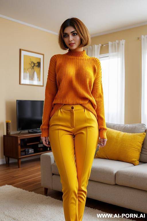short orange sweater, yellow pants - #main