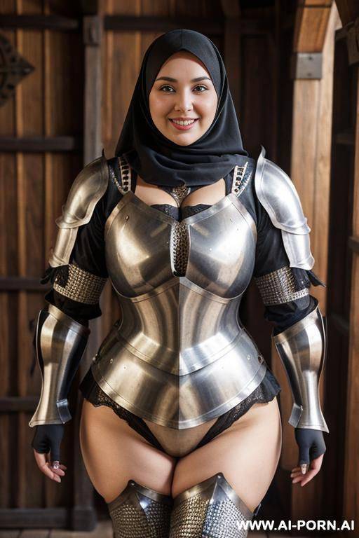 smiling curvy russian brunette chubby wife wearing hijab and panties standing - #main