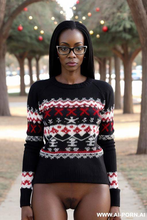 suburban namibian mom, top christmas sweater, no pants, no panties, bottomless, pantyless - #main