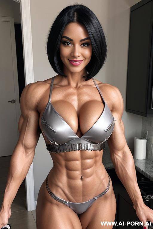 ((new housewife)) extremely beautiful face, ideal facial ratios, perfect bombshell, clean sided bob hair, perfect breasts, alluring and loving eye contact, soft suggestive smile ((shredded physique, - #main