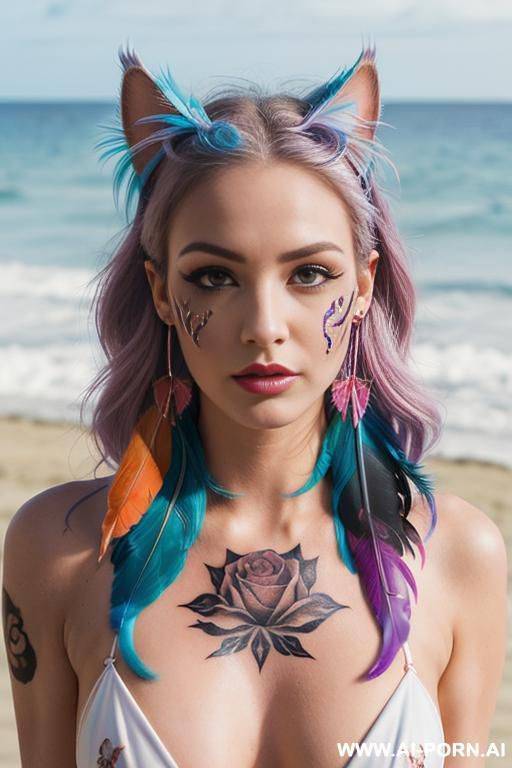face, sexy, beautiful, ((face painting)), ((bikini as seashell)), ((tattoo roses)), ((eyes shw)), ((angel wings)), ((rainbow hair)), ((long bu hair)), ((wind)), (( cat face)), (( cat ears)), (((feather - #main