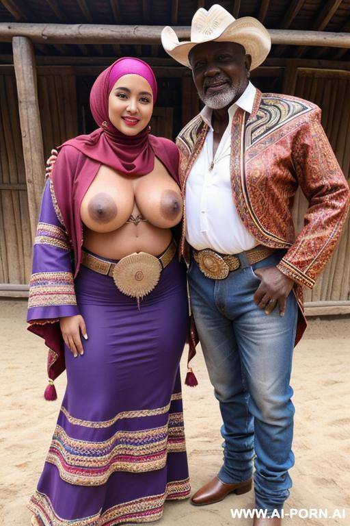 smiling curvy russian brunette chubby wife wearing hijab standing topless with old african man - #main