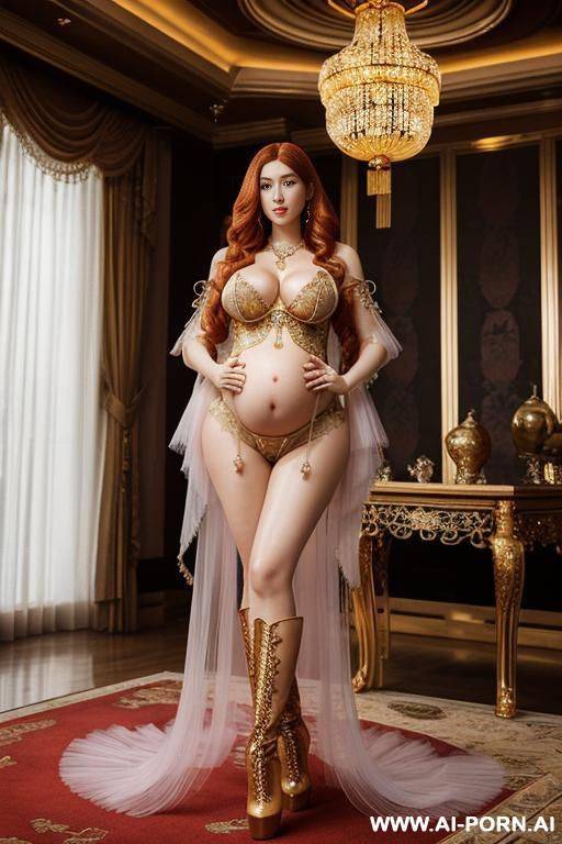 pregnant chinese, rainbow transparent corset，tutu skirt， mesh robe， rainbow transparent bra ,necklace，rainbow large pointed thigh-high boots - #main