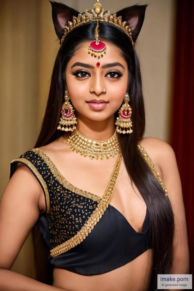 indian animal girl Anushka Sen with cat ears and gold crown and... - #main