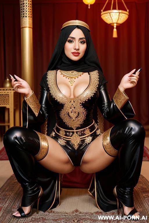woman in high heels, with a big strap-on, big breasts and ass in black latex, strapon between legs - #main