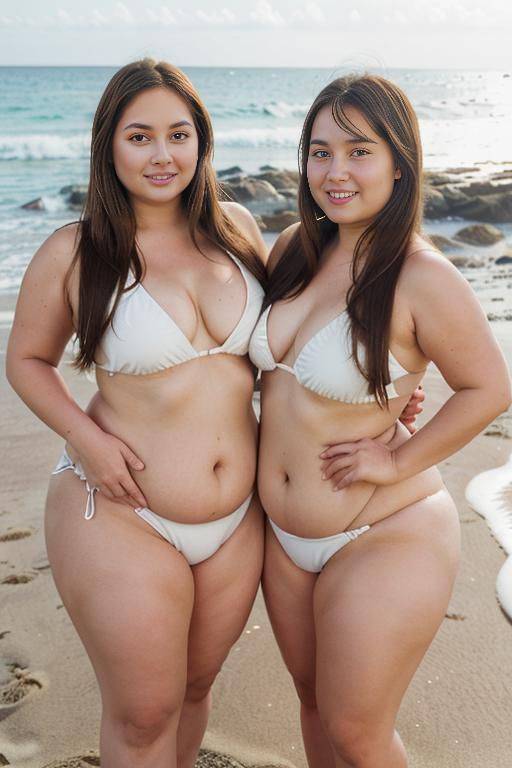 swimsuit, twins, embracing, standing, two chubby women,, crowded beach, wind in hair, windswept hair, thick arms, long hair, thick arms, bbw, shortstack, highly detailed skin, beach, happy face, - #main