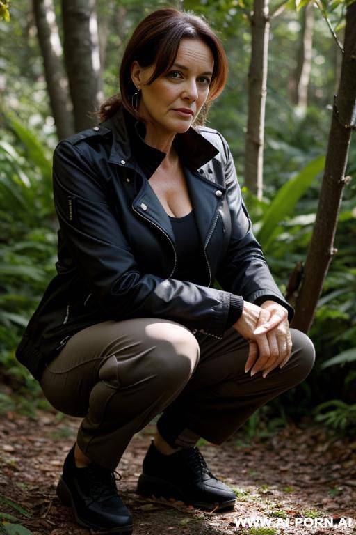 french woman, jacket pants, squatting in underbrush - #main