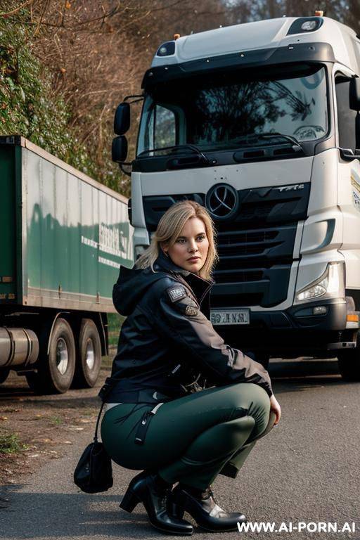 german woman, jacket pants, squatting in underbrush behind trucks next to fishmarket - #main