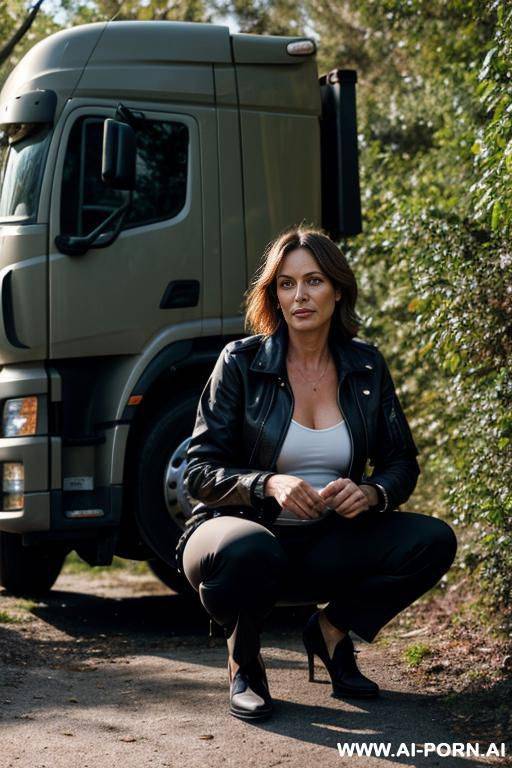 french woman, jacket pants, squatting in underbrush t behind trucks, - #main