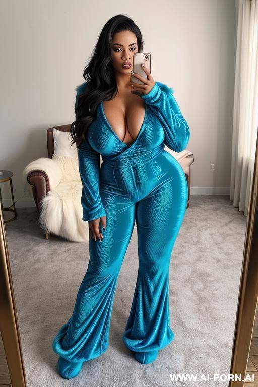 (huge rippled fur jumpsuit), overflowing opposed saggy hanging tits, oversize giant swollen lips, big extremly inflated lips, fur socks, fuzzy toes socks in face, jumpsuit cover full body - #main