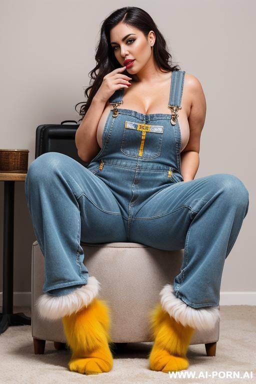 (huge rippled fuzzy overalls), overflowing opposed saggy hanging tits, oversize giant swollen lips, big extremly inflated lips, fur socks, fuzzy toes socks in face - #main