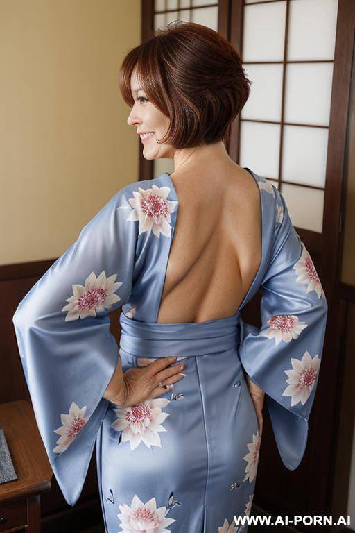 a beautiful gilf woman, wear a blue and white lotus pattern kimono, - #main
