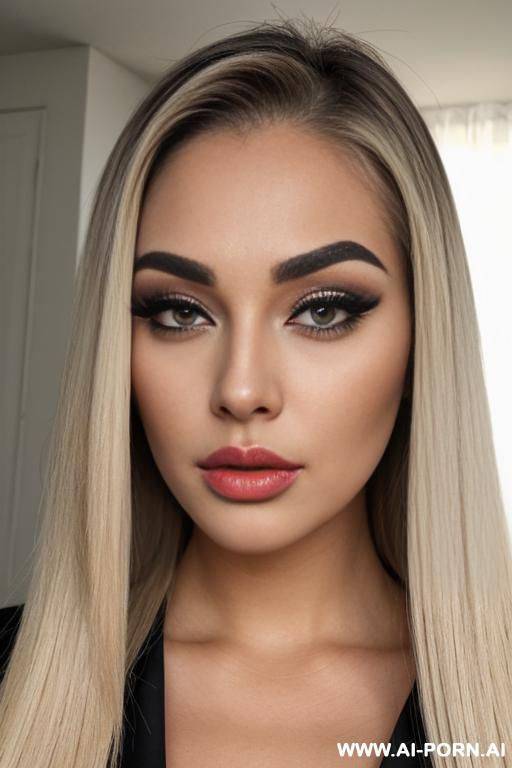 pouting lips, blonde straight hair, chubby rectangle shape face, dark eye shw and eyebrows - #main