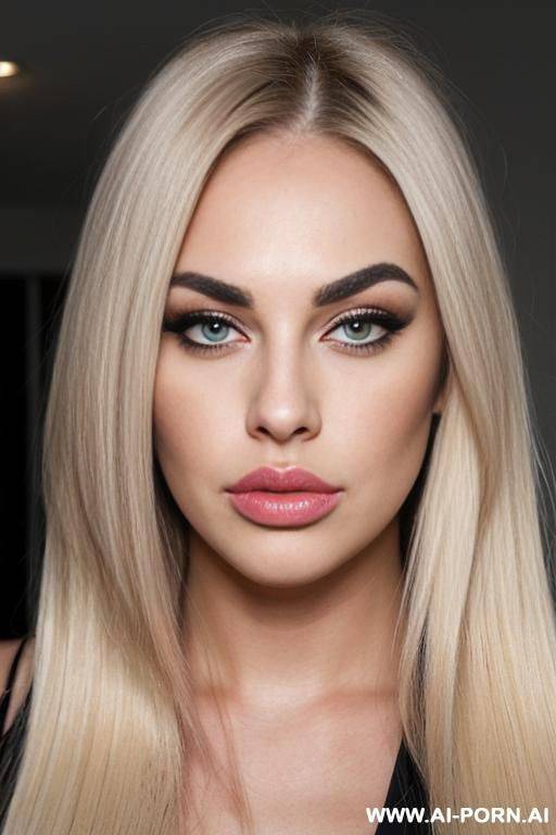 pouting lips, blonde straight hair, chubby rectanglar face, square jaw, dark eye shw and eyebrows. long nose. straight eyebrows. looking straight at the camera. ((square jaw)) blowing kiss - #main