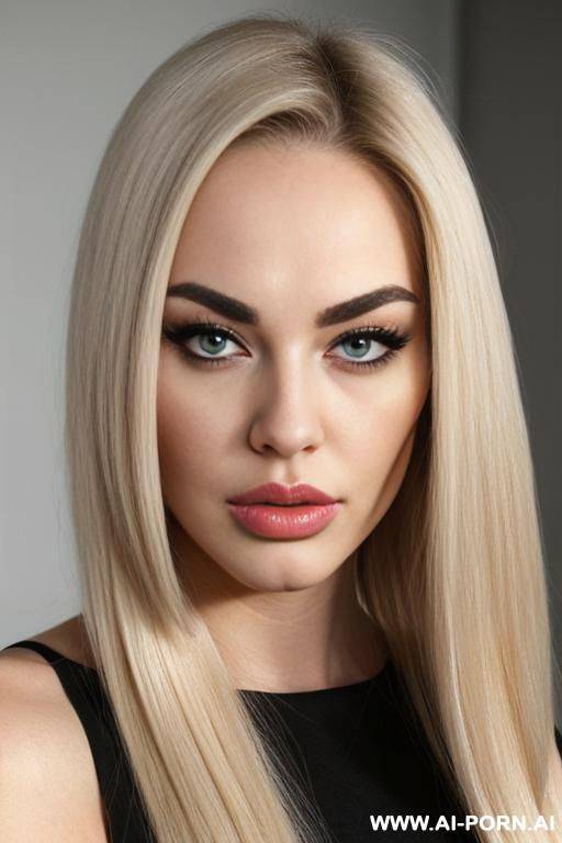 pouting lips, blonde straight hair, chubby rectanglar face, square jaw, dark eye shw and eyebrows. long nose. straight eyebrows. looking straight at the camera. ((square jaw)) blowing kiss. square chin - #main