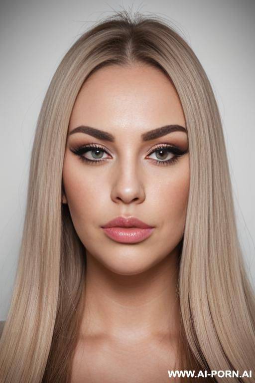 face view only. pouting lips, blonde straight hair, chubby rectanglar face, square jaw, dark eye shw and eyebrows. long nose. big eyelashes. straight, eyebrows. looking straight at the camera. - #main