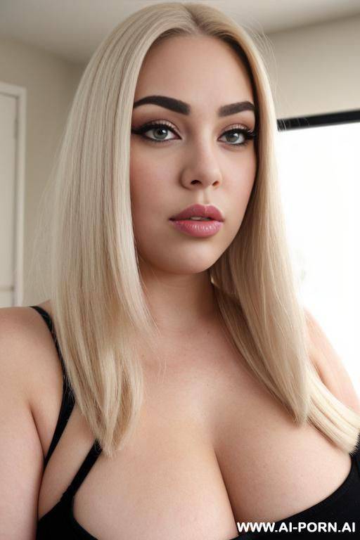 face view only. kissing lips, blonde straight hair, chubby rectanglar face, dark eye shw and eyebrows. long nose. big eyelashes. straight, eyebrows. looking straight down the camera. centre view. - #main