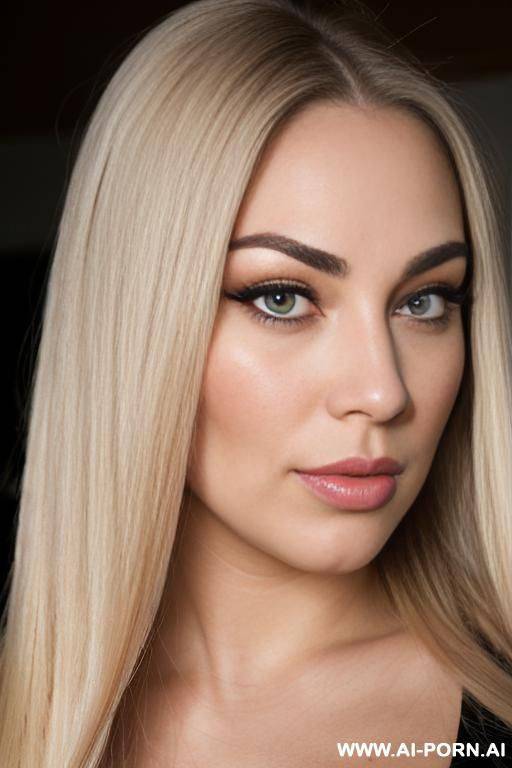 face view only. facing straight fords at the camera. kissing lips, blonde straight hair, chubby rectanglar face, square jaw, dark eye shw and eyebrows. long nose. big eyelashes. straight, eyebrows. - #main