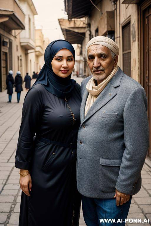 curvy russian brunette chubby wife wearing hijab standing with old egyptian man in street - #main