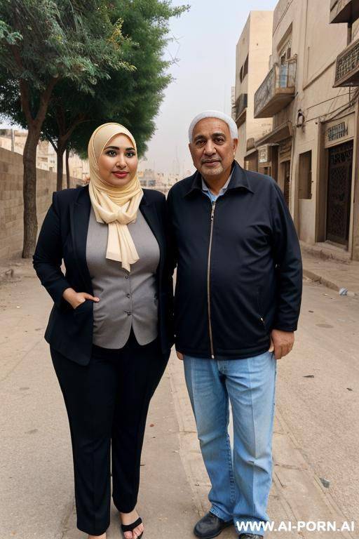curvy egyptian chubby wife wearing hijab standing with old man in street - #main