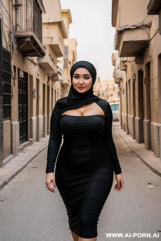 curvy russian brunette chubby wife wearing hijab and black tight dress in egyptian street - #main