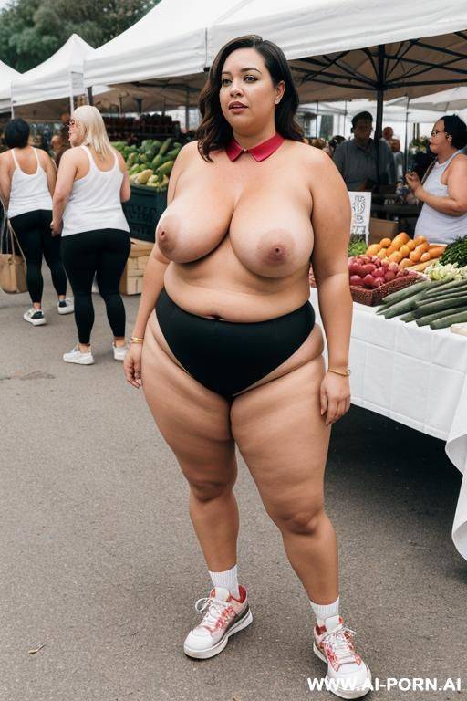 naked fat milf wearing only sneakers and thick neck cuff collar. standing at farmers market with only women. - #main