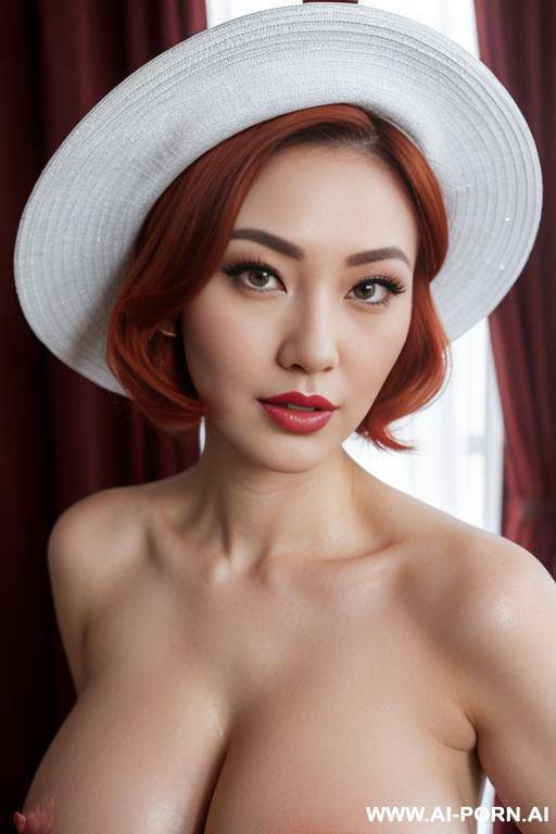 (pallid white skin), (closeup portrait), pin-up style , (ultra detailed), looking into camera, curtains background, (bright pallid body), (floral derby hat), (dyed hair), (short compact hair), pin-up - #main