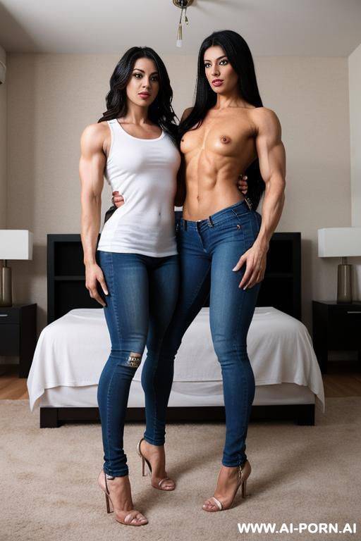 muscular woman wear tight jeans, full body, muscular thock legs, cuddle with friend - #main