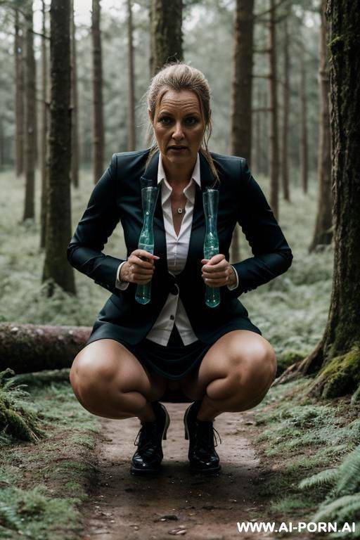woman squatting in forest, blazer, skirt, shirt, cunt, dripping fluid onto ground - #main