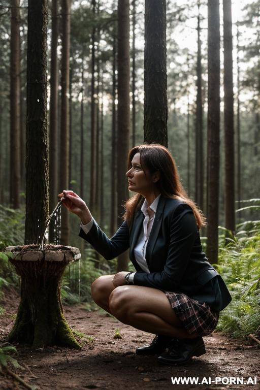 woman squatting in forest, dripping pee onto soil, blazer, skirt, shirt, - #main