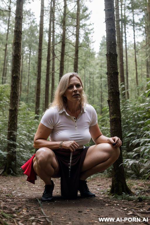 woman squatting in forest, shirt, skirt, dripping pee onto ground - #main