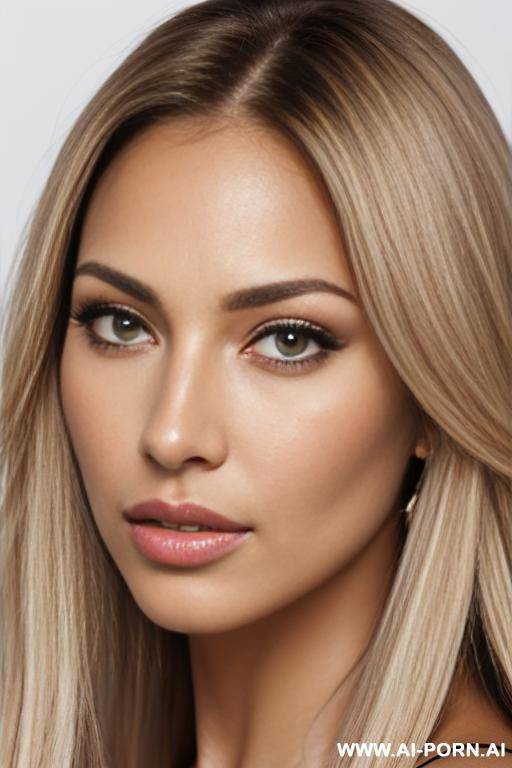 portrait of an attractive and sexy woman, american, light brown skin, facing camera, blond hair, big luscious lips, button nose, full face and hair, white background, 2, brown colored eyes, light makeup, perfect skin, studio lighting, photorealistic, k - #main