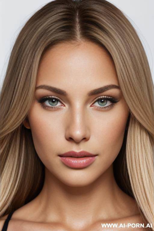 portrait of an attractive and sexy woman, american, light brown skin, facing camera, blond hair, big luscious lips, button nose, full face and hair, white background, 2, olive colored eyes, light makeup, perfect skin, studio lighting, photorealistic, 4k - #main