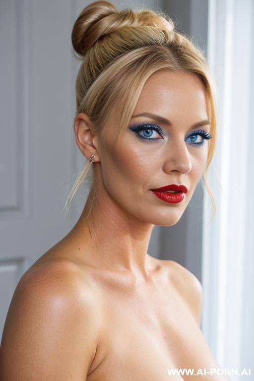 blonde, milf, red lipstick, naked, hair bun, blue eyes - #main