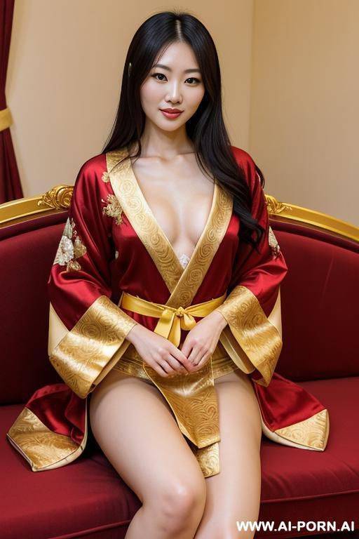japanese woman, happy, beautiful natural breasts, pretty natural body, red and yellow-gold royal robes, royal lingerie, in a harem, on a couch - #main