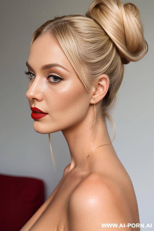 blonde, red lipstick, naked, hair bun, - #main