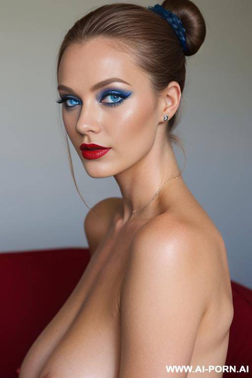 dark blonde, red lipstick, naked, hair bun, blue eyes, - #main