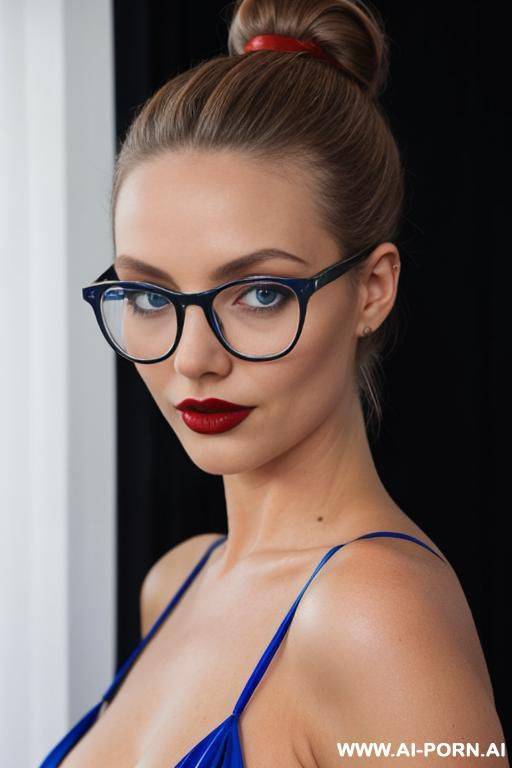 dark blonde, red lipstick, naked, hair bun, blue eyes, glasses - #main