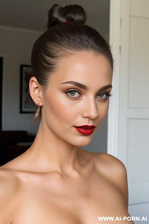 dark blonde, red lipstick, naked, hair bun, , - #main