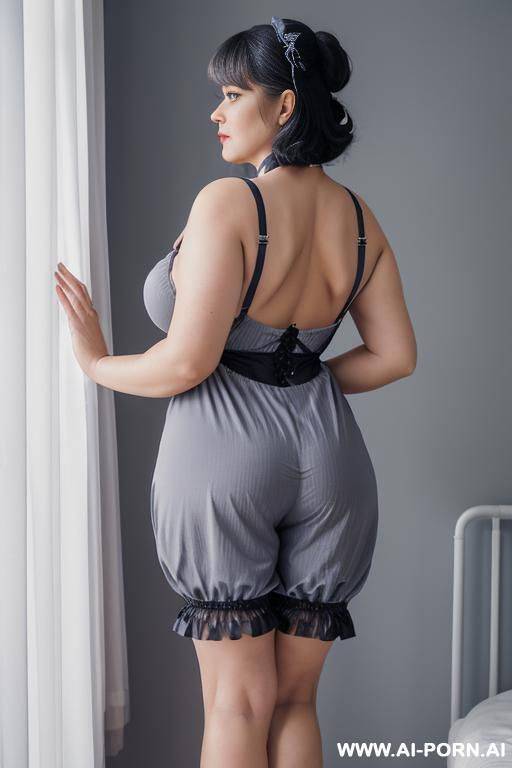 back view, mature chubby woman, 0 years old, short gray hair, full body, standing, very visible age marks, triangular hips, thick thighs, wearing blue doll short pajamas, hands on waist, legs open, master suite - #main