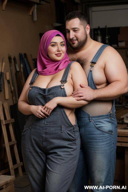 curvy russian brunette chubby wife topless wearing hijab and overalls hugged from italian man in workshop - #main