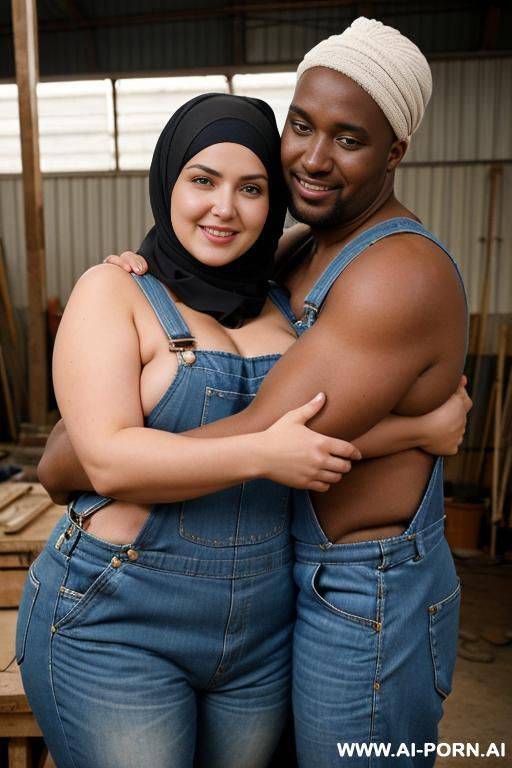 curvy russian brunette chubby wife topless wearing hijab and overalls hugged from african man in workshop - #main