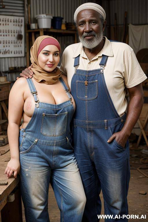 curvy russian brunette chubby wife topless wearing hijab and overalls standing with old african man in workshop - #main